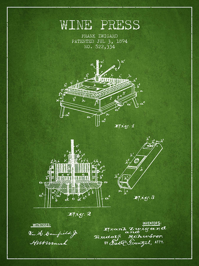 1894 Wine Press Patent - Green Digital Art