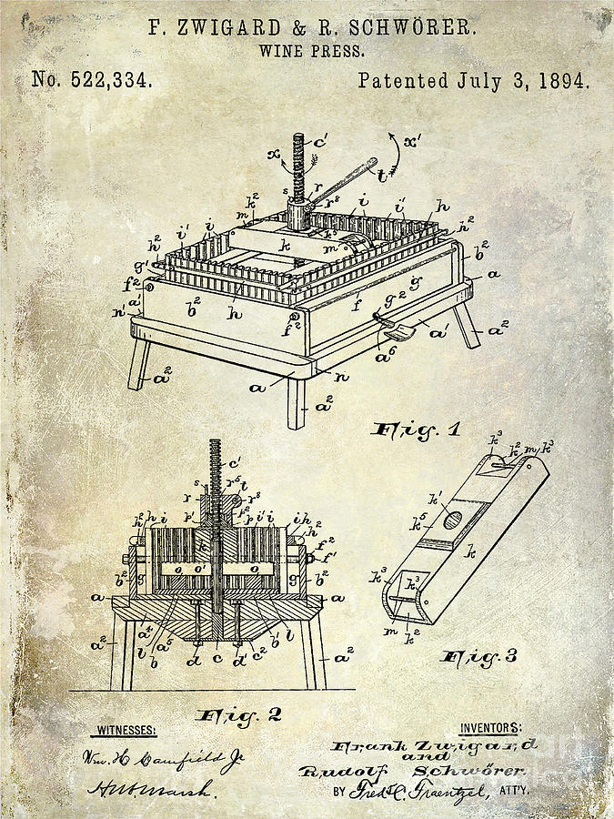1894 Wine Press Patent Photograph by Jon Neidert