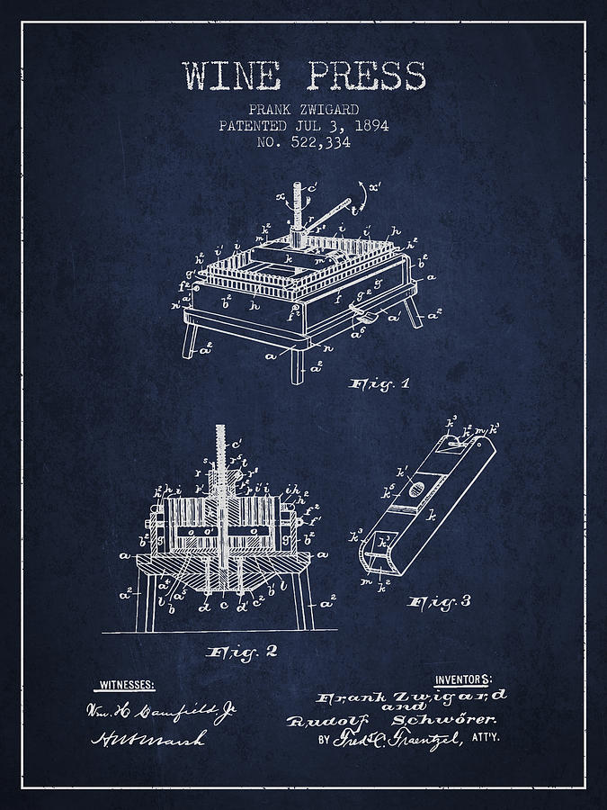 1894 Wine Press Patent - Navy Blue Digital Art