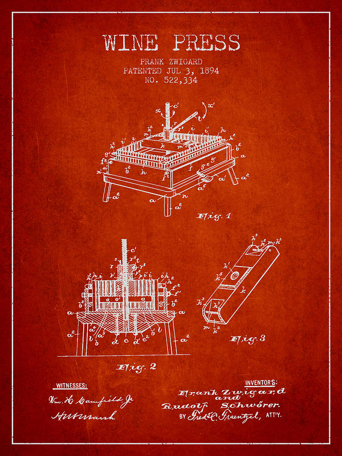 1894 Wine Press Patent - Red Digital Art