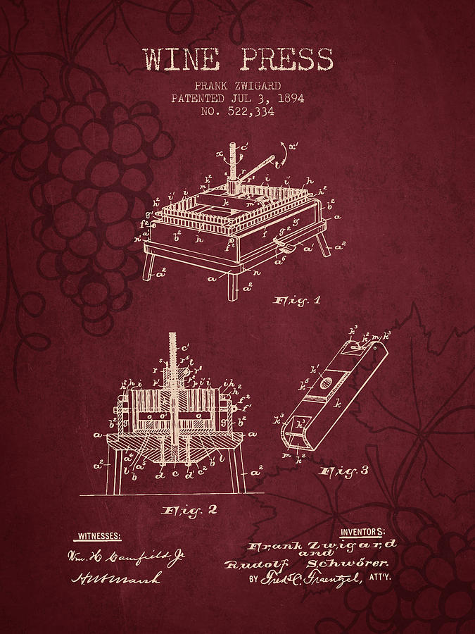 1894 Wine Press Patent - Red Wine Digital Art