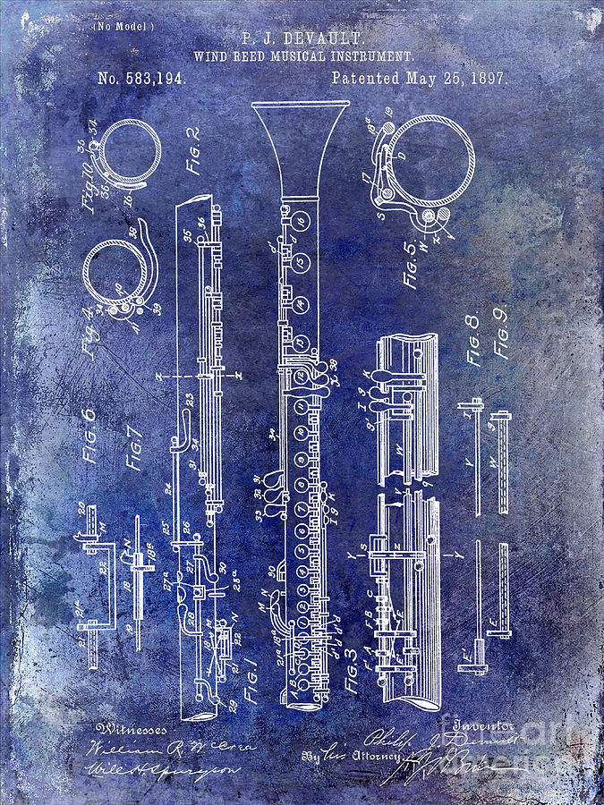 Clarinet Photograph - 1897 Clarinet Patent Blue by Jon Neidert
