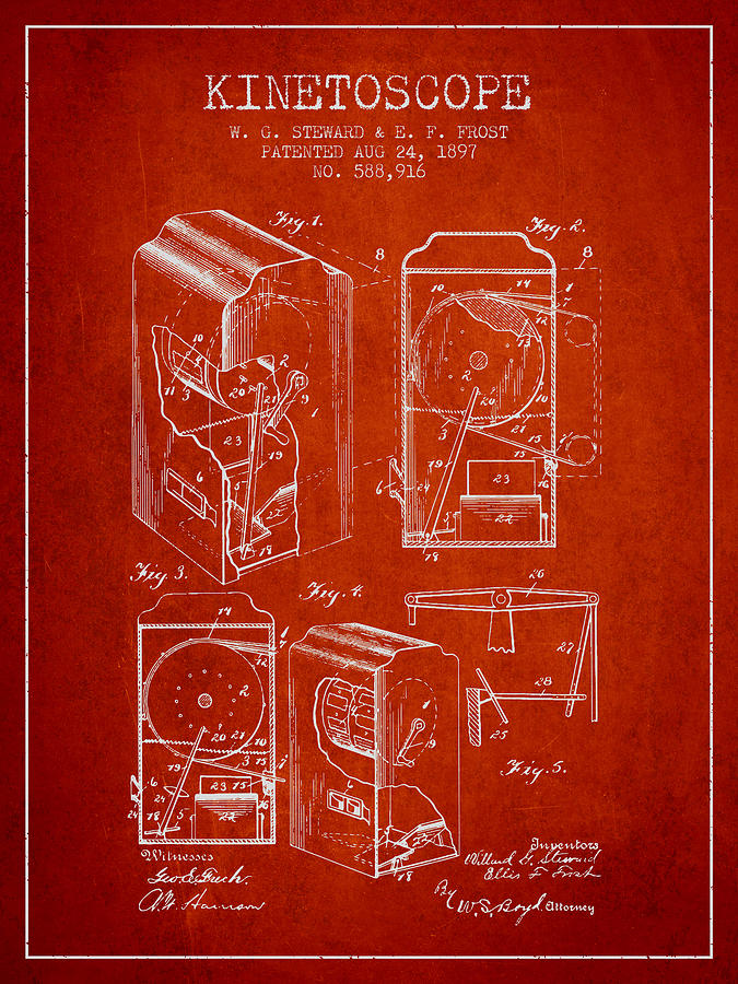 Vintage Digital Art - 1897 Kinetoscope Patent - red by Aged Pixel