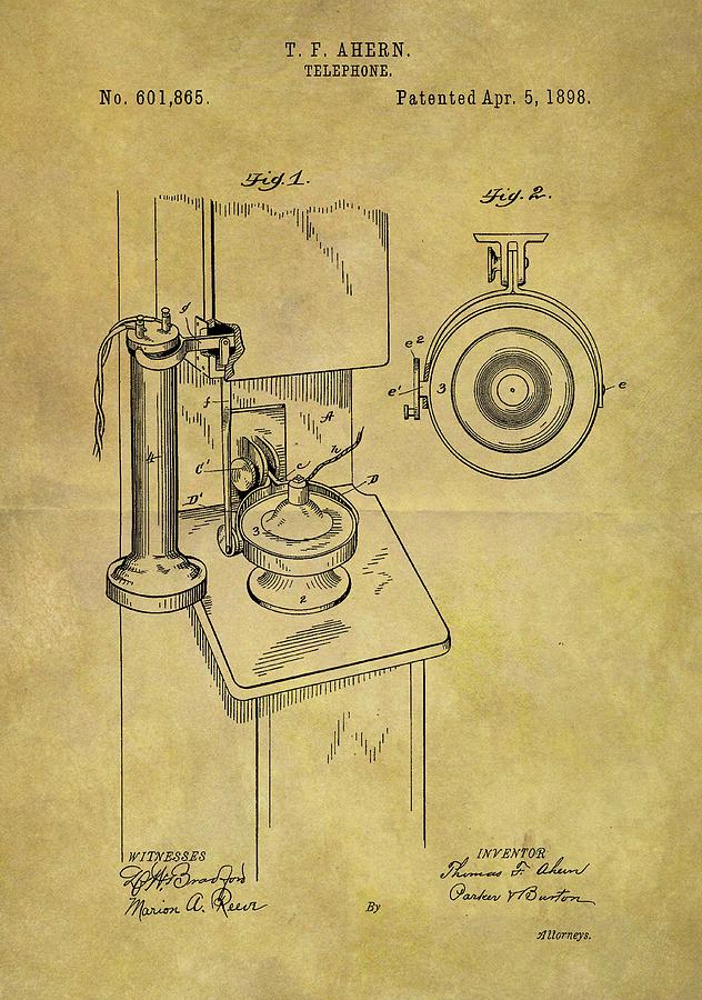 1898 Telephone Patent Drawing by Dan Sproul