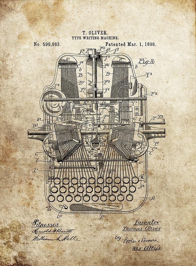 1898 Typewriter Patent Drawing by Dan Sproul