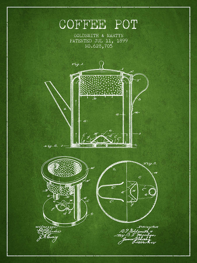 Coffee Digital Art - 1899 Coffee Pot patent - green by Aged Pixel