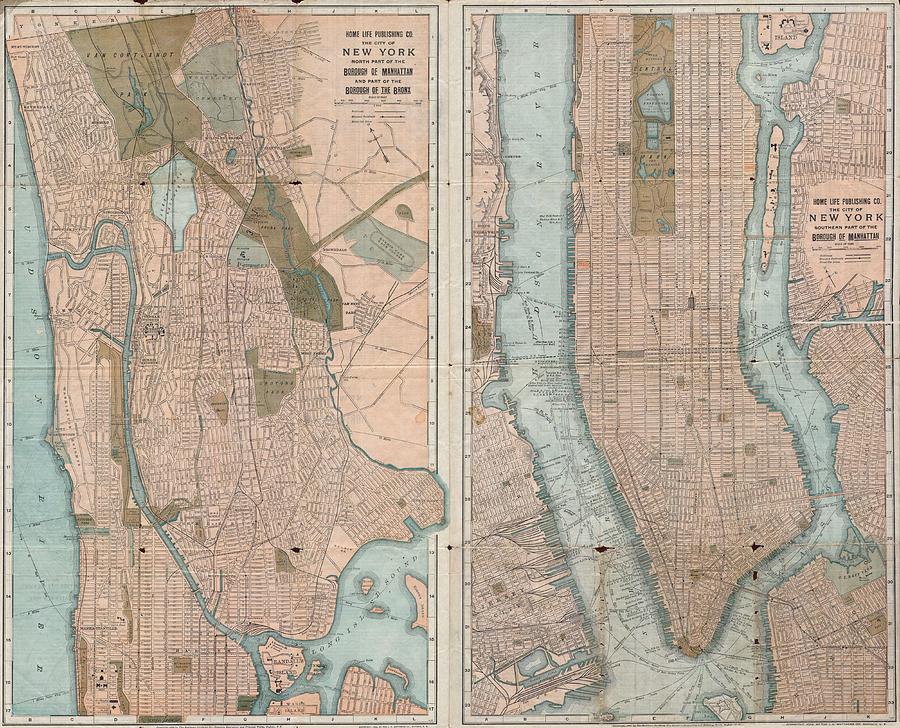 1899 Home Life Map of New York City  Manhattan and the Bronx  Photograph by Paul Fearn