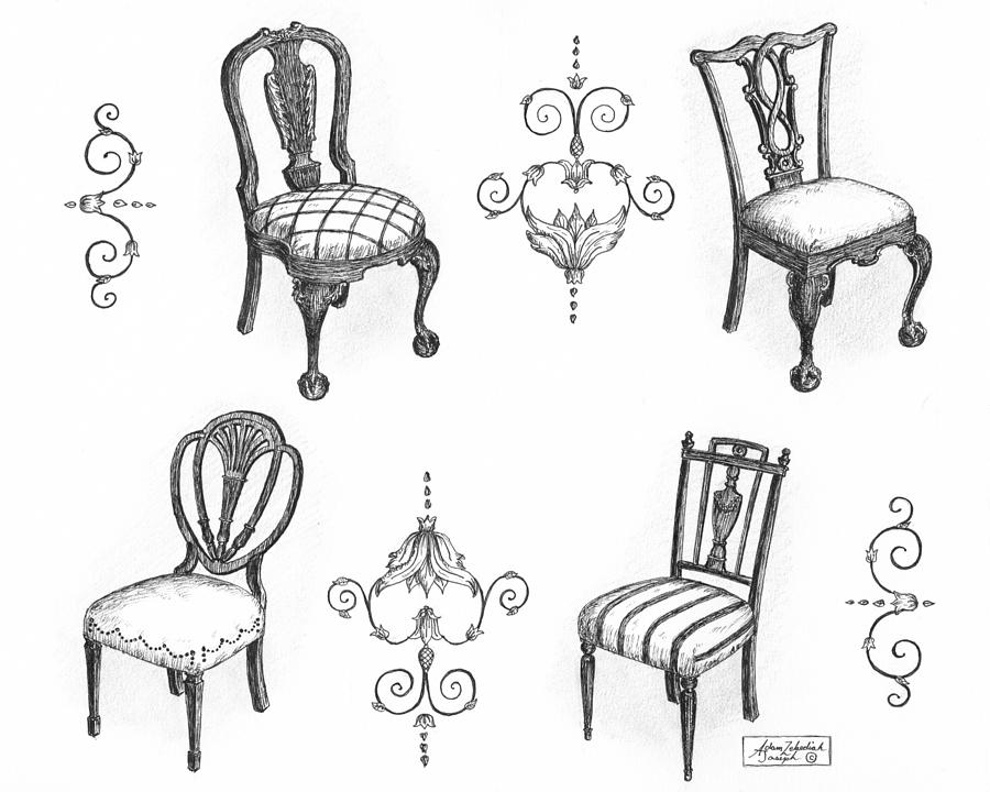 Black And White Drawing - 18th Century English Chairs by Adam Zebediah Joseph