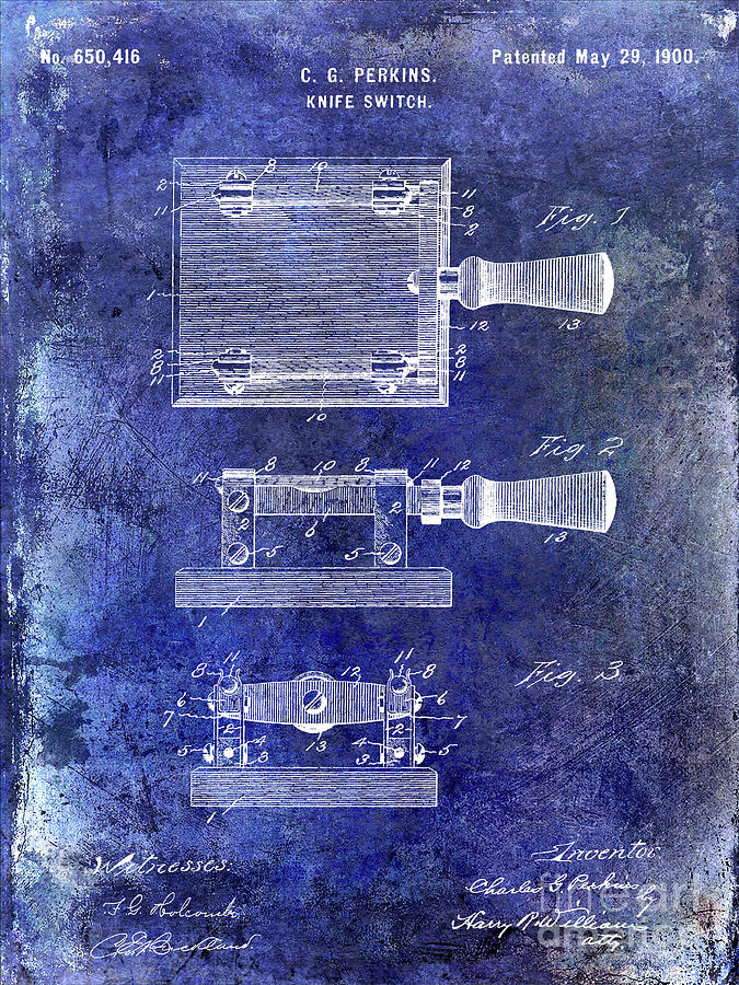 Knife Switch Photograph - 1900 Knife Switch Patent Blue by Jon Neidert