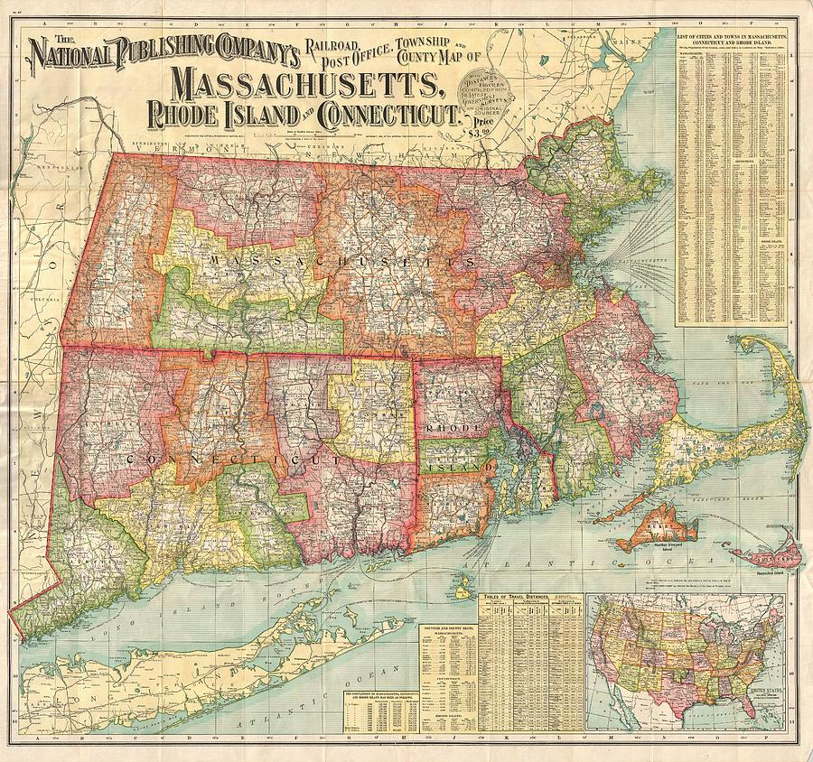 1900 National Publishing Railroad Map of Connecticut Massachusetts and Rhode Island  Photograph by Paul Fearn