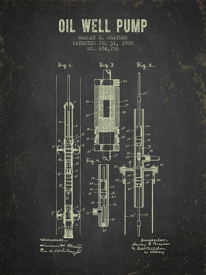 Vintage Digital Art - 1900 Oil Well Pump Patent - Dark Grunge by Aged Pixel
