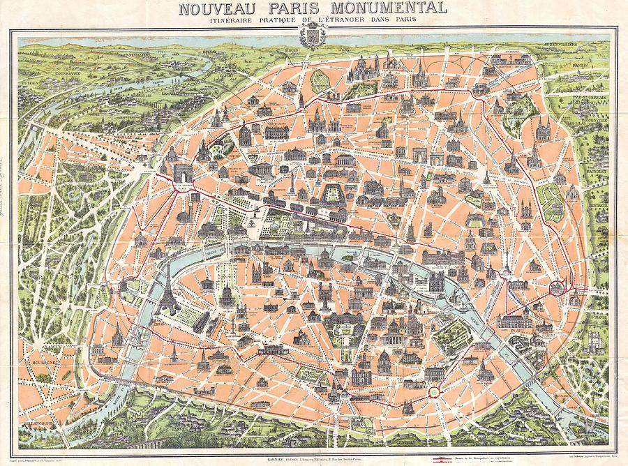 1900 Pocket Map or Plan of Paris France Painting by Celestial Images