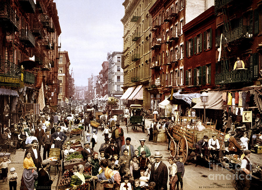1900 view of Mulberry Street. Painting by Celestial Images