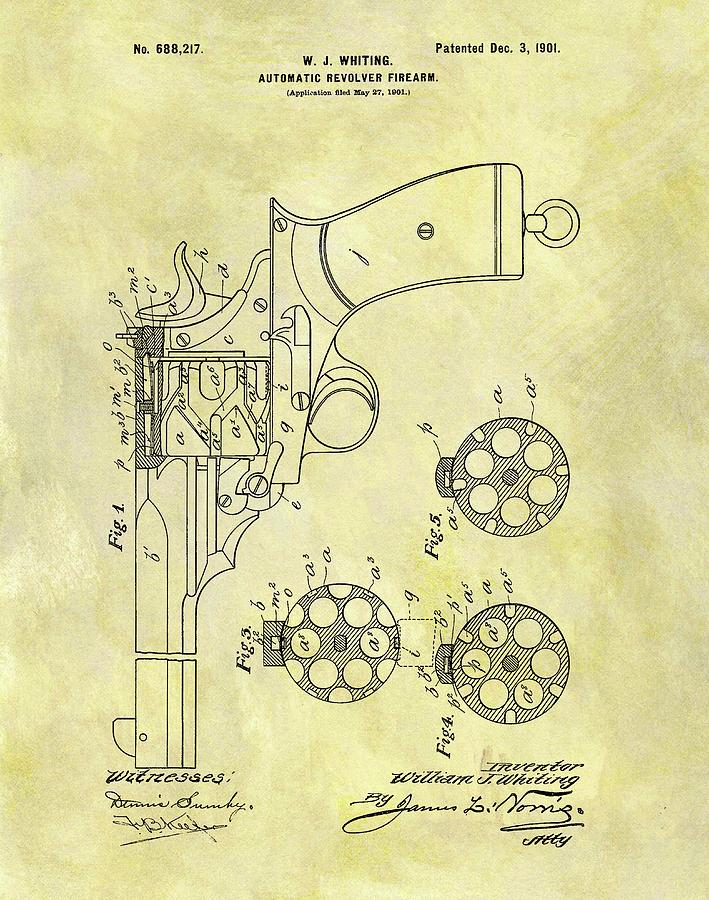 Antique Revolver Drawing - 1901 Automatic Revolver Patent by Dan Sproul Antique Revolver Drawing - 1901 Automatic Revolver Patent by Dan Sproul