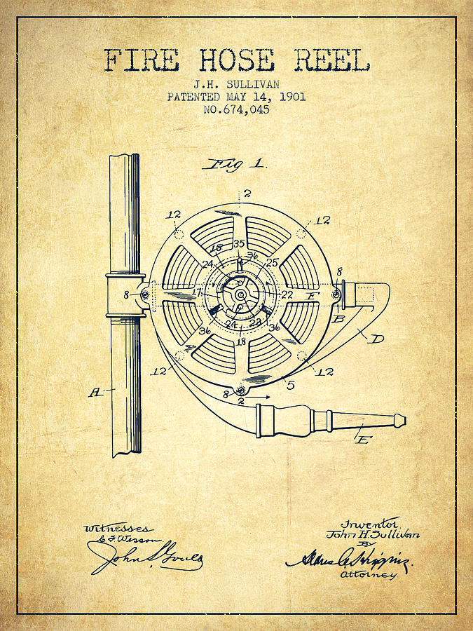 1901 Fire Hose Reel Patent - Vintage by Aged Pixel - Royalty Free