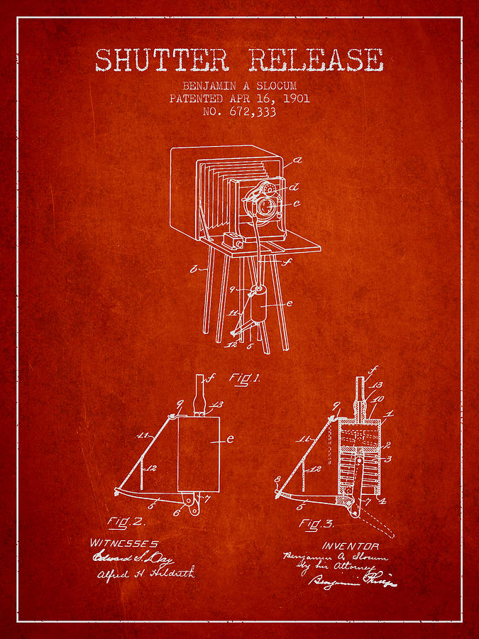 Vintage Digital Art - 1901 Shutter Release Patent - red by Aged Pixel