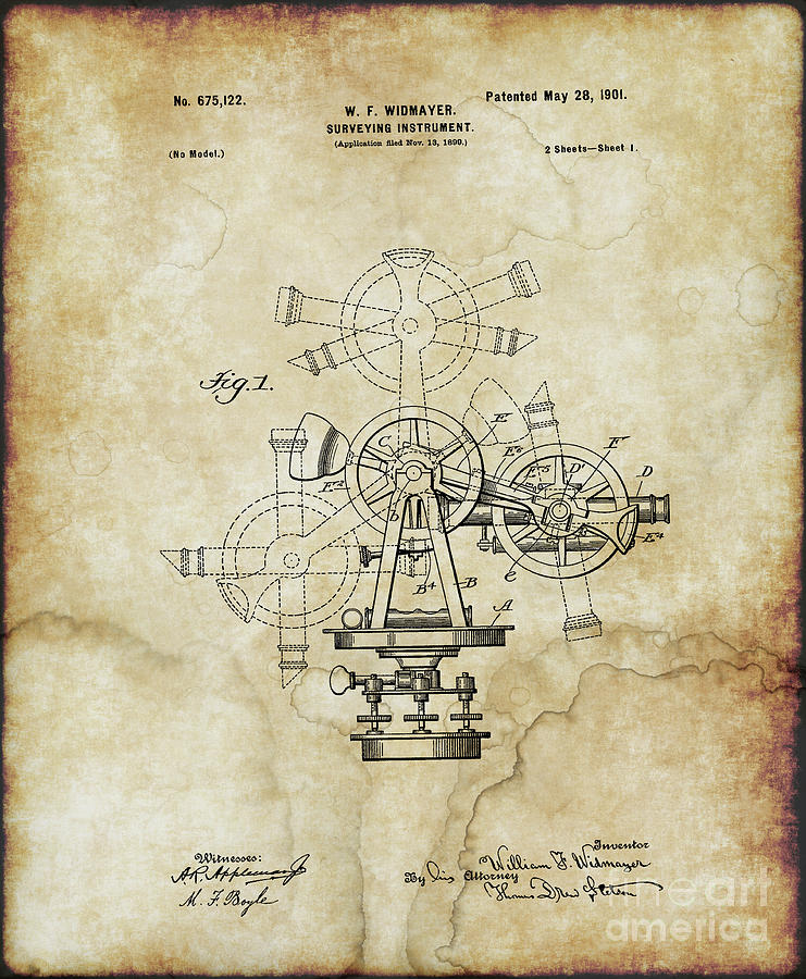 1901 - Surveying Instrument Patent - Vintage Photograph by Doc Braham
