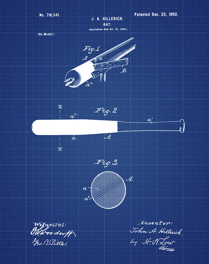 1902 Baseball Bat Patent in Blueprint Photograph by Bill Cannon