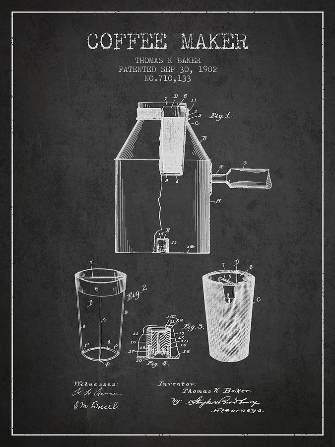 Coffee Digital Art - 1902 Coffee maker patent - charcoal by Aged Pixel