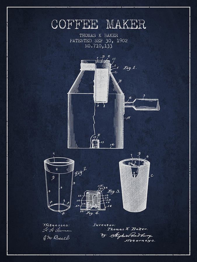 Coffee Digital Art - 1902 Coffee maker patent - navy blue by Aged Pixel