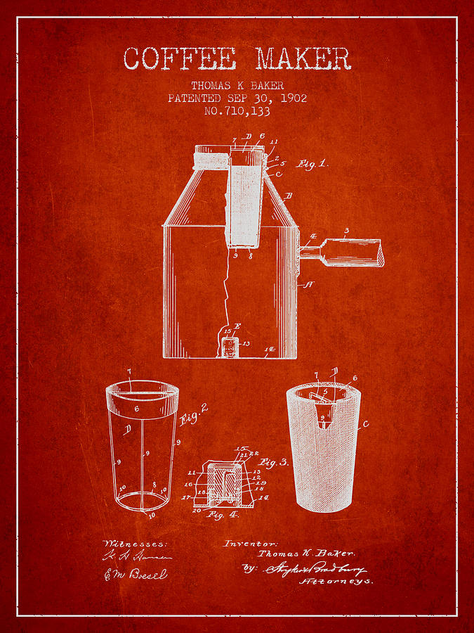 Coffee Digital Art - 1902 Coffee maker patent - red by Aged Pixel