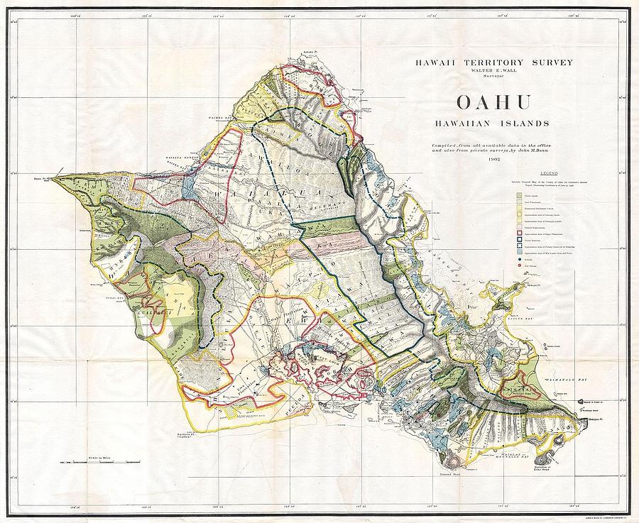 1902 Land Office Map of the Island of Oahu Hawaii  Honolulu  Photograph by Paul Fearn
