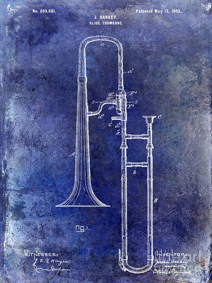 Trombone Photograph - 1902 Trombone Patent Blue by Jon Neidert