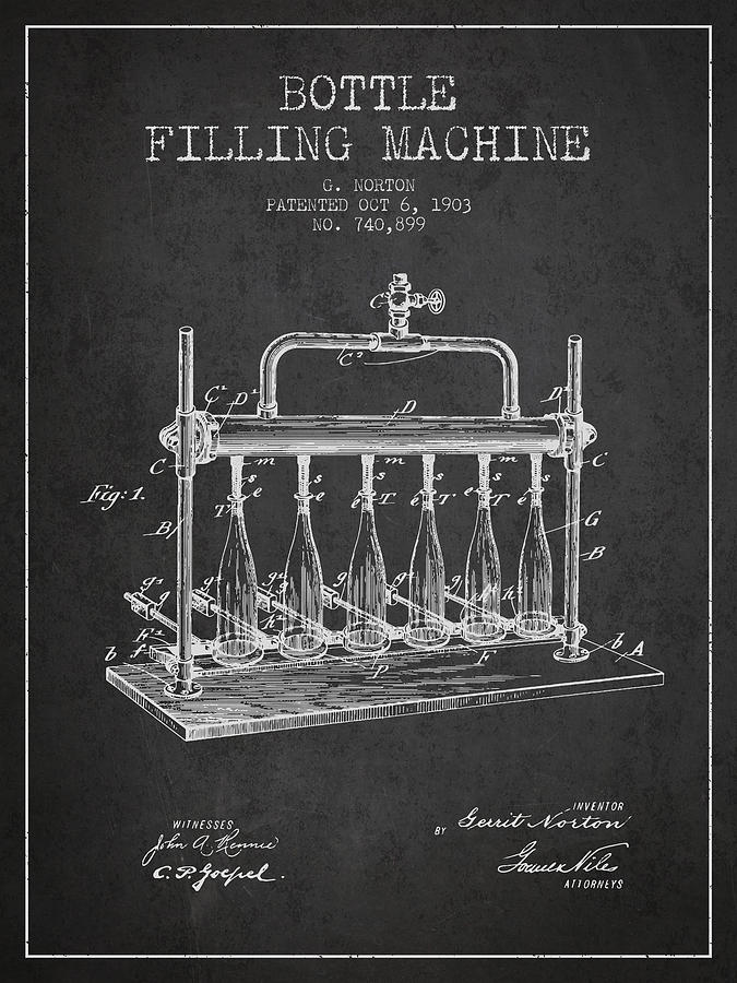 1903 Bottle Filling Machine Patent - Charcoal Digital Art