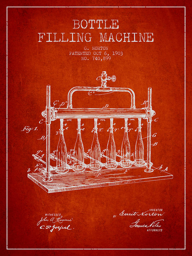 1903 Bottle Filling Machine Patent - Red Digital Art