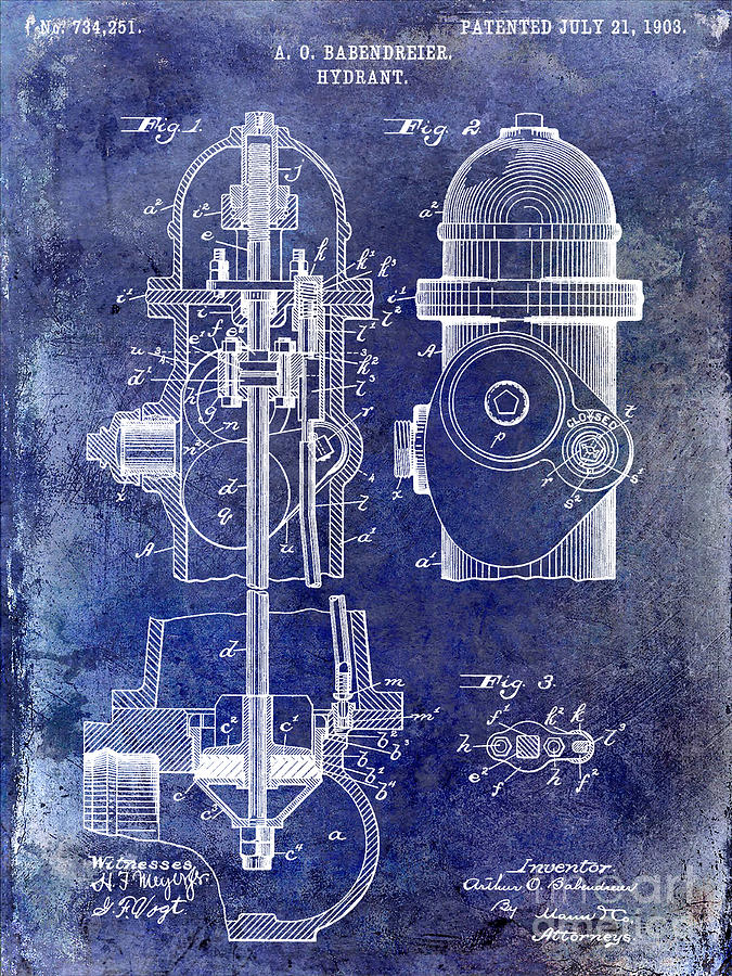 Fire Hydrant Photograph - 1903 Fire Hydrant Patent Blue by Jon Neidert