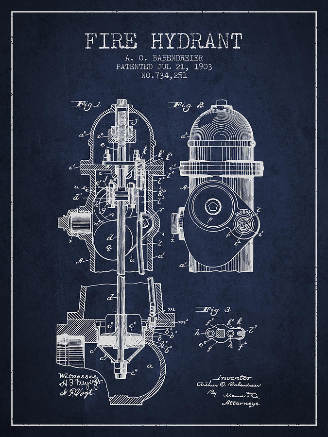Vintage Digital Art - 1903 Fire Hydrant Patent - navy blue by Aged Pixel