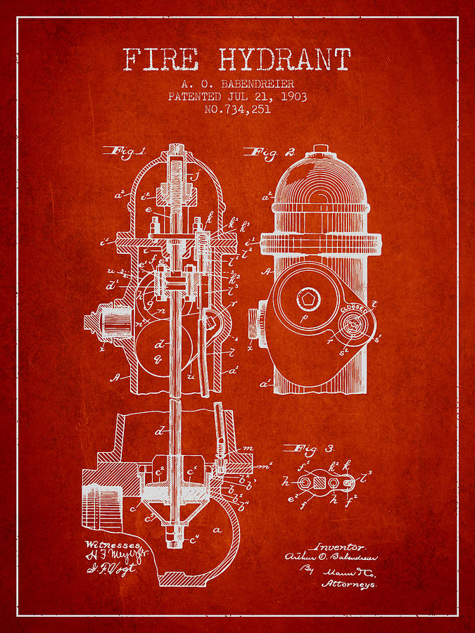Vintage Digital Art - 1903 Fire Hydrant Patent - red by Aged Pixel