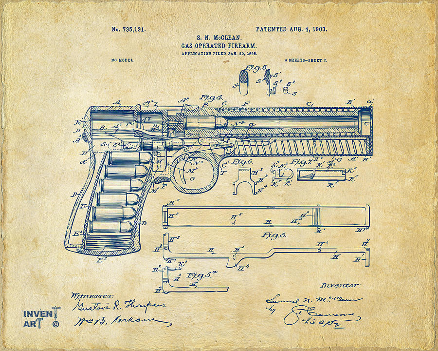 1903 McClean Pistol Patent Artwork - Vintage Digital Art by Nikki Marie Smith