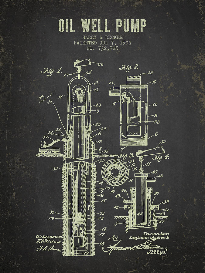 1903 Oil Well Pump Patent - Dark Grunge Digital Art