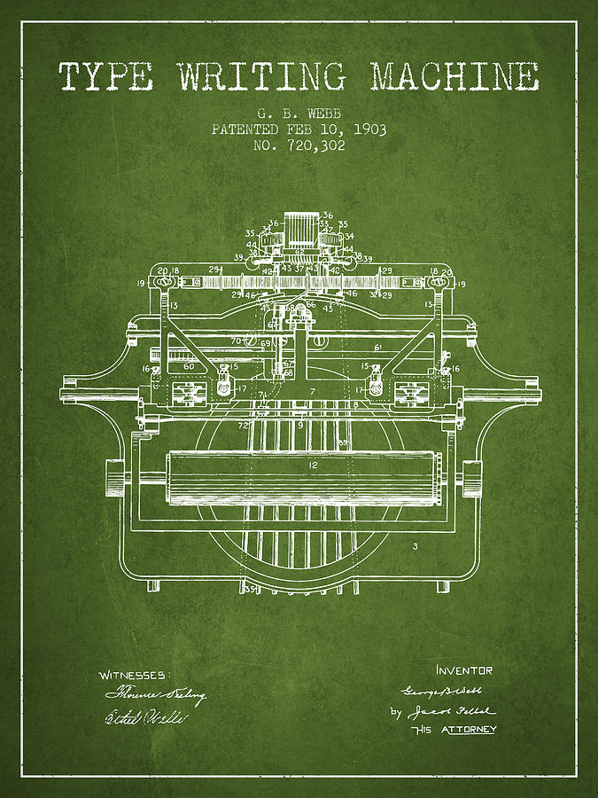 Vintage Digital Art - 1903 Type writing machine patent - Green by Aged Pixel
