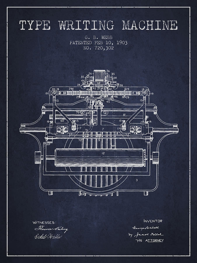 Vintage Digital Art - 1903 Type writing machine patent - Navy Blue by Aged Pixel
