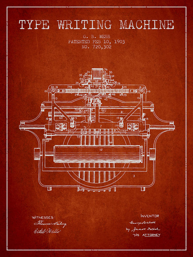 Vintage Digital Art - 1903 Type writing machine patent - Red by Aged Pixel