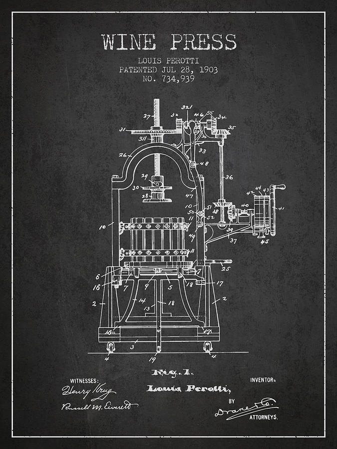 Wine Digital Art - 1903 Wine Press Patent - charcoal 02 by Aged Pixel