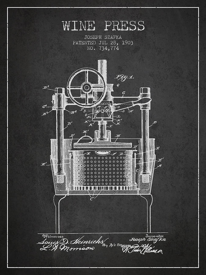 1903 Wine Press Patent - Charcoal Digital Art