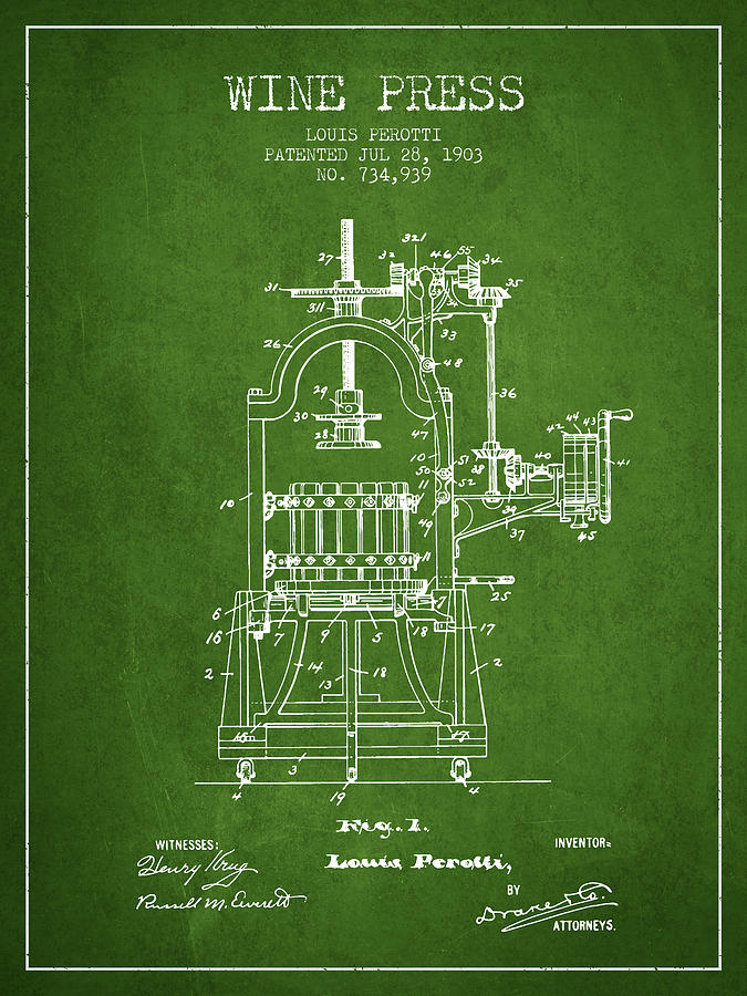 1903 Wine Press Patent - Green 02 Digital Art