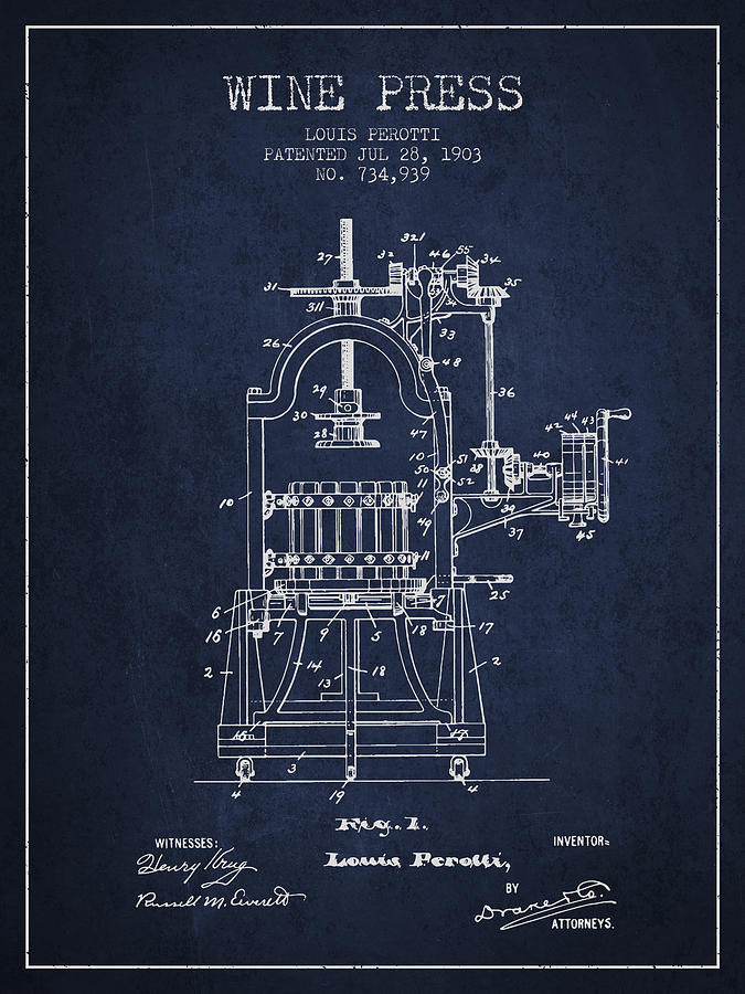 Wine Digital Art - 1903 Wine Press Patent - navy blue 02 by Aged Pixel