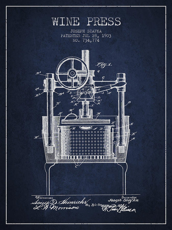 Wine Digital Art - 1903 Wine Press Patent - Navy Blue by Aged Pixel