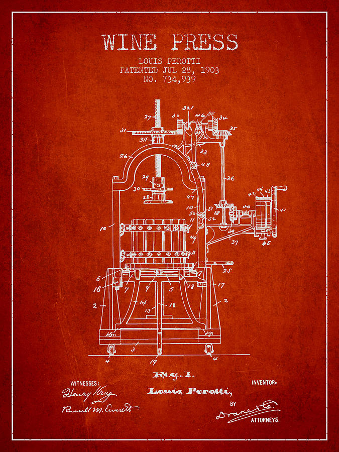 1903 Wine Press Patent - Red 02 Digital Art