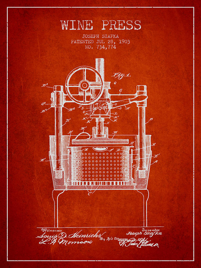 Wine Digital Art - 1903 Wine Press Patent - Red by Aged Pixel