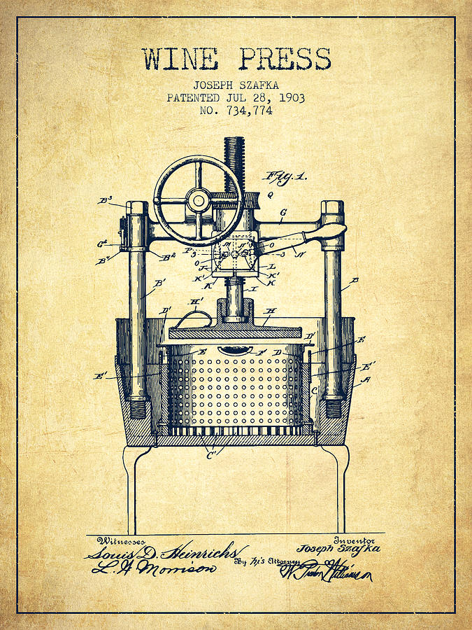 Wine Digital Art - 1903 Wine Press Patent - vintage by Aged Pixel