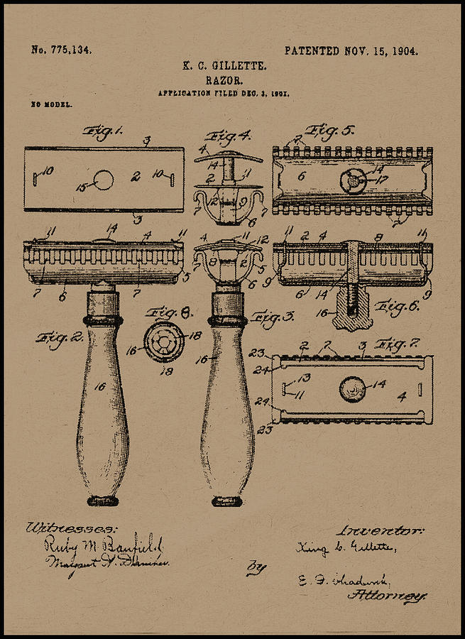 1904 Gillette Razor Patent Drawing Painting by King G Gillette