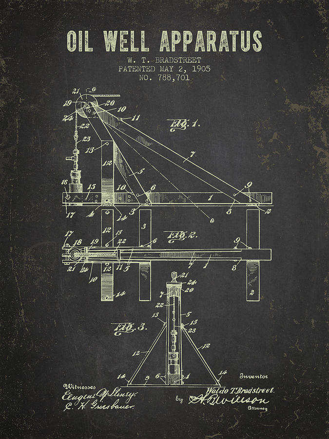 Vintage Digital Art - 1905 Oil Well Apparatus Patent - Dark Grunge by Aged Pixel