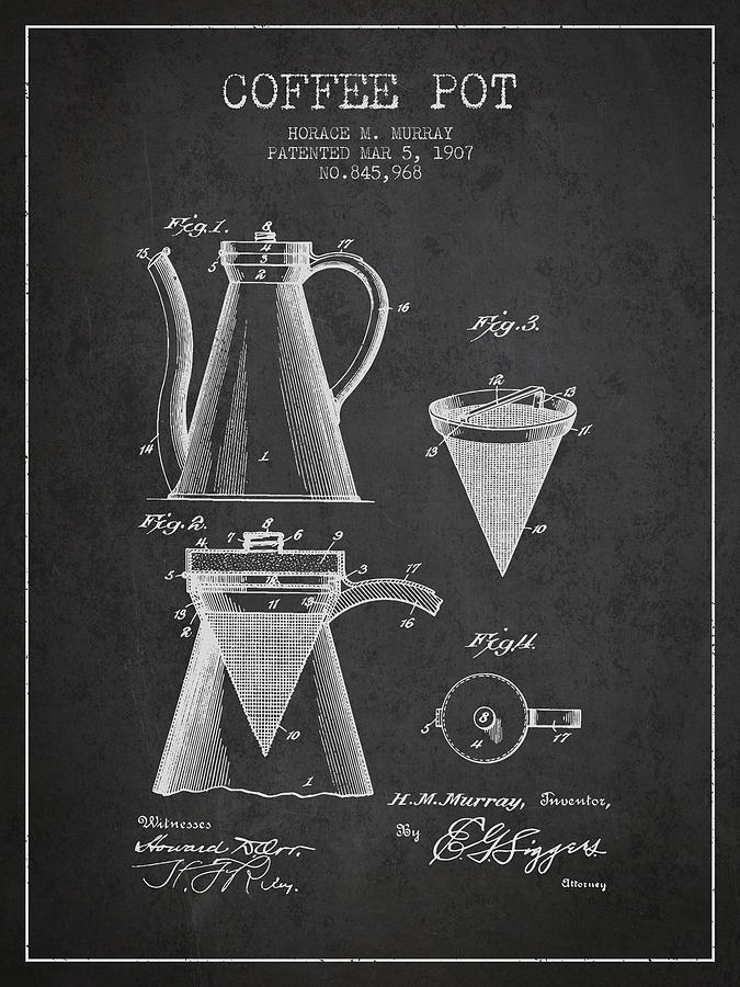 Coffee Digital Art - 1907 Coffee Pot patent - charcoal by Aged Pixel