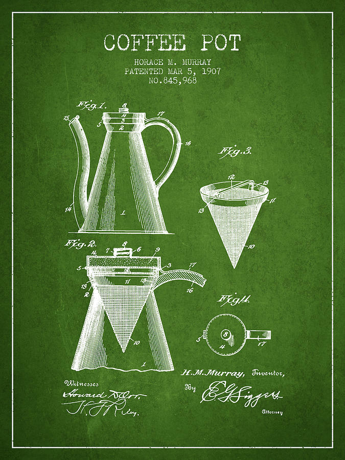 Coffee Digital Art - 1907 Coffee Pot patent - green by Aged Pixel