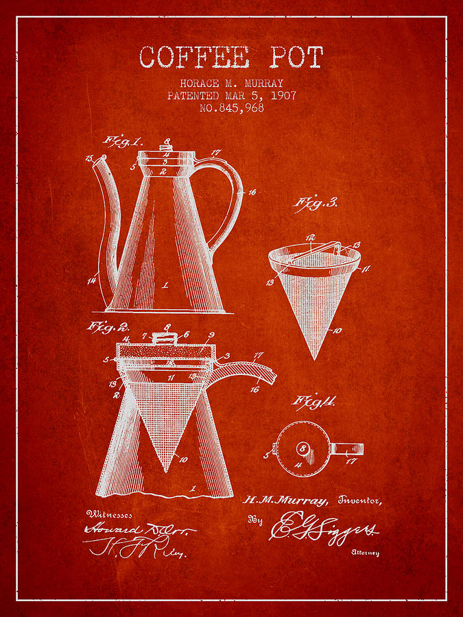 Coffee Digital Art - 1907 Coffee Pot patent - red by Aged Pixel